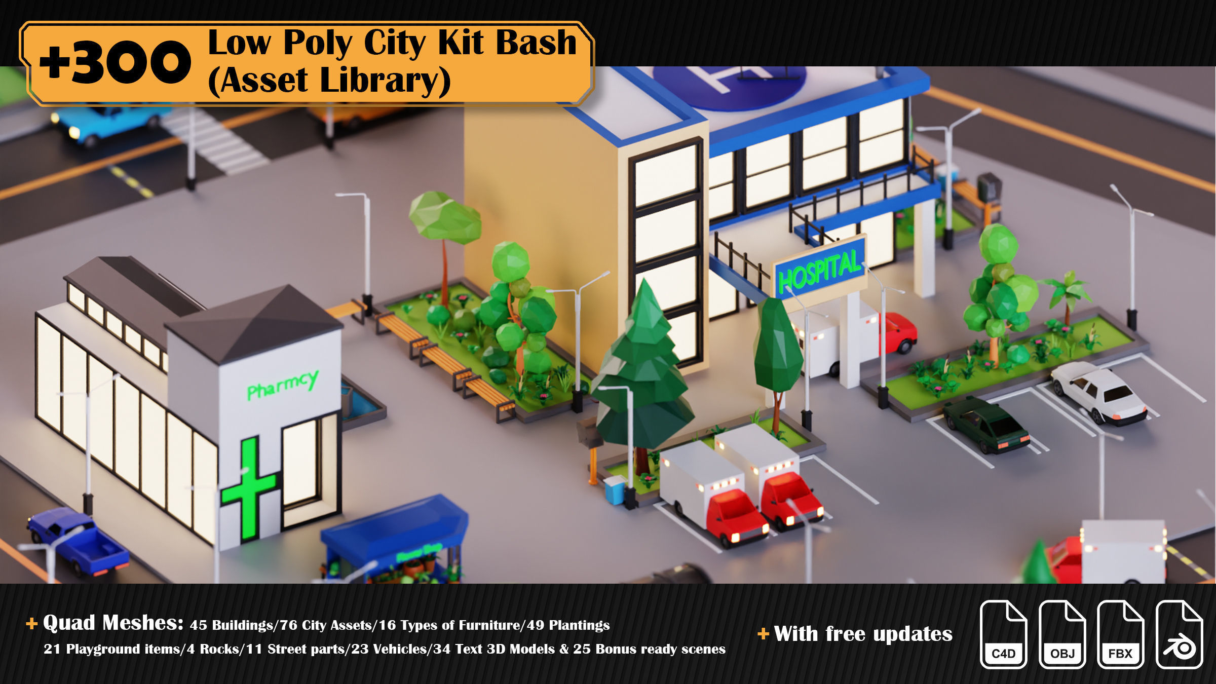 Low Poly City Asset Library 300 Objects Kitbash Low-poly 3D model_15