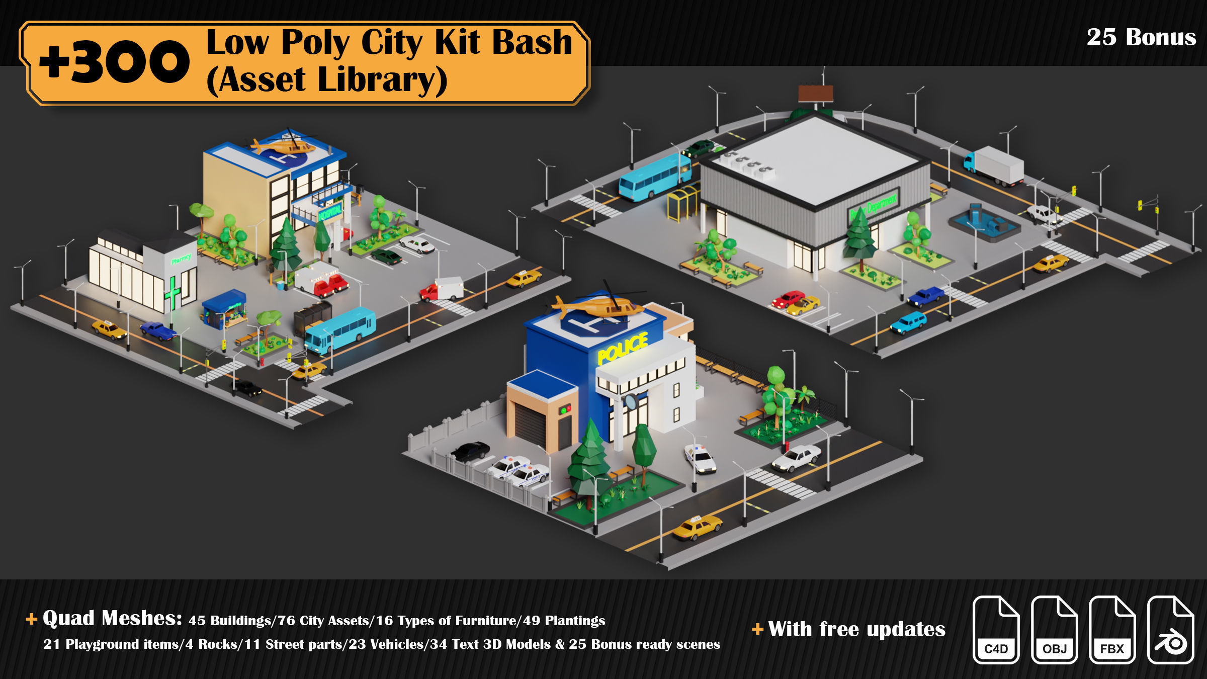 Low Poly City Asset Library 300 Objects Kitbash Low-poly 3D model_25