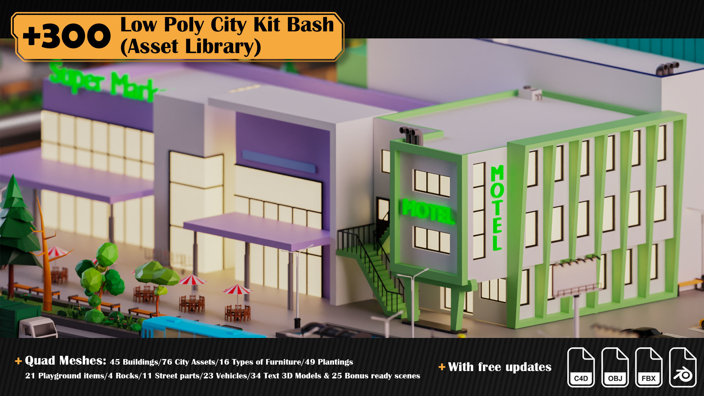 Low Poly City Asset Library 300 Objects Kitbash Low-poly 3D model_16