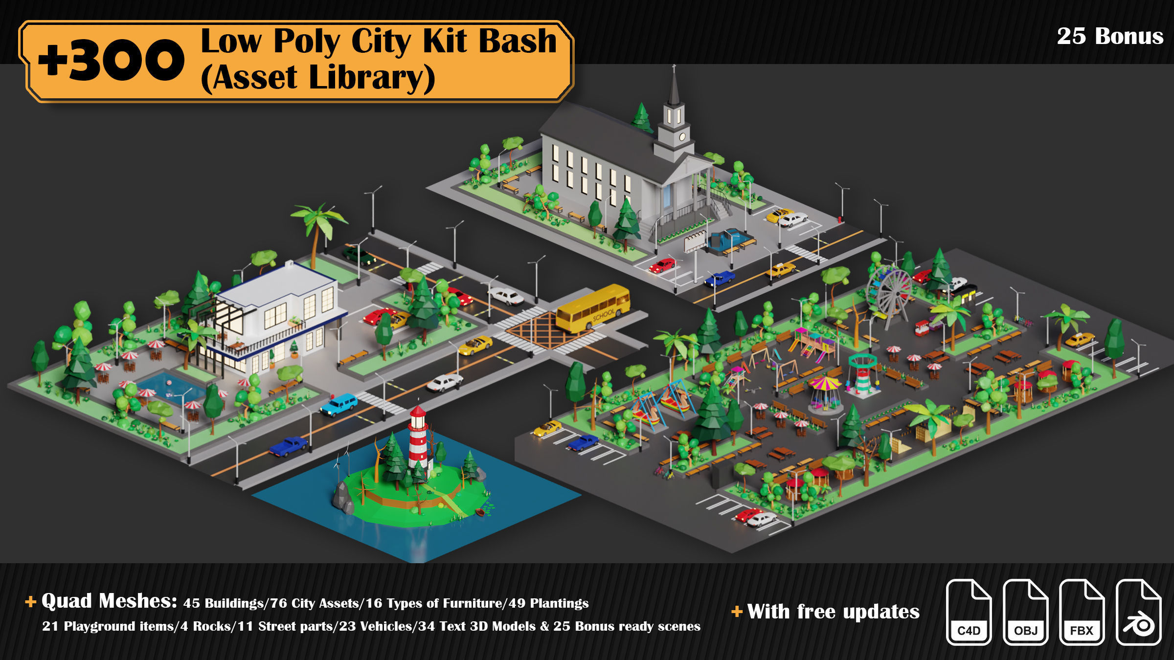Low Poly City Asset Library 300 Objects Kitbash Low-poly 3D model_31