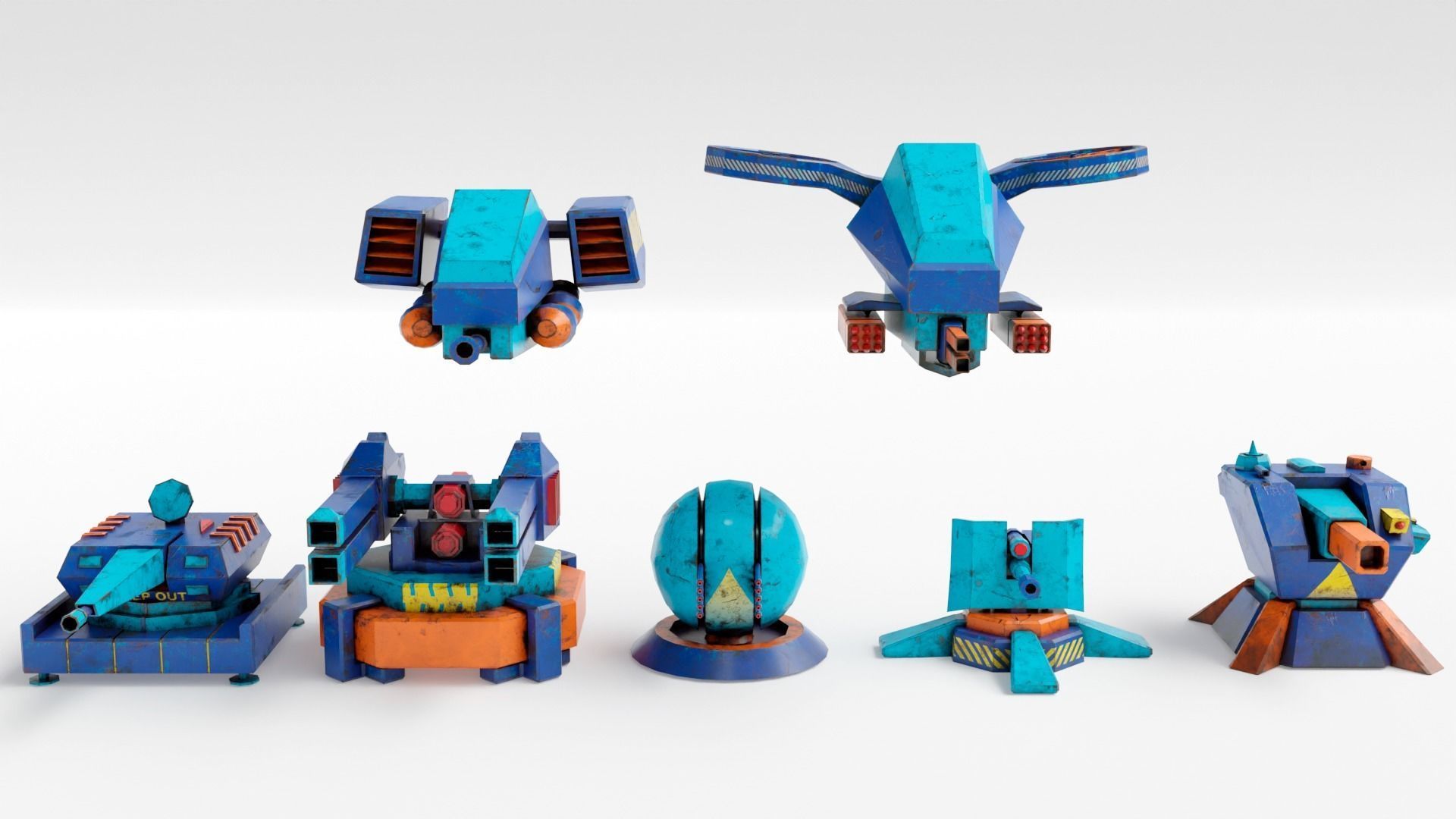 Stylized turret and jet Low-poly 3D model_2