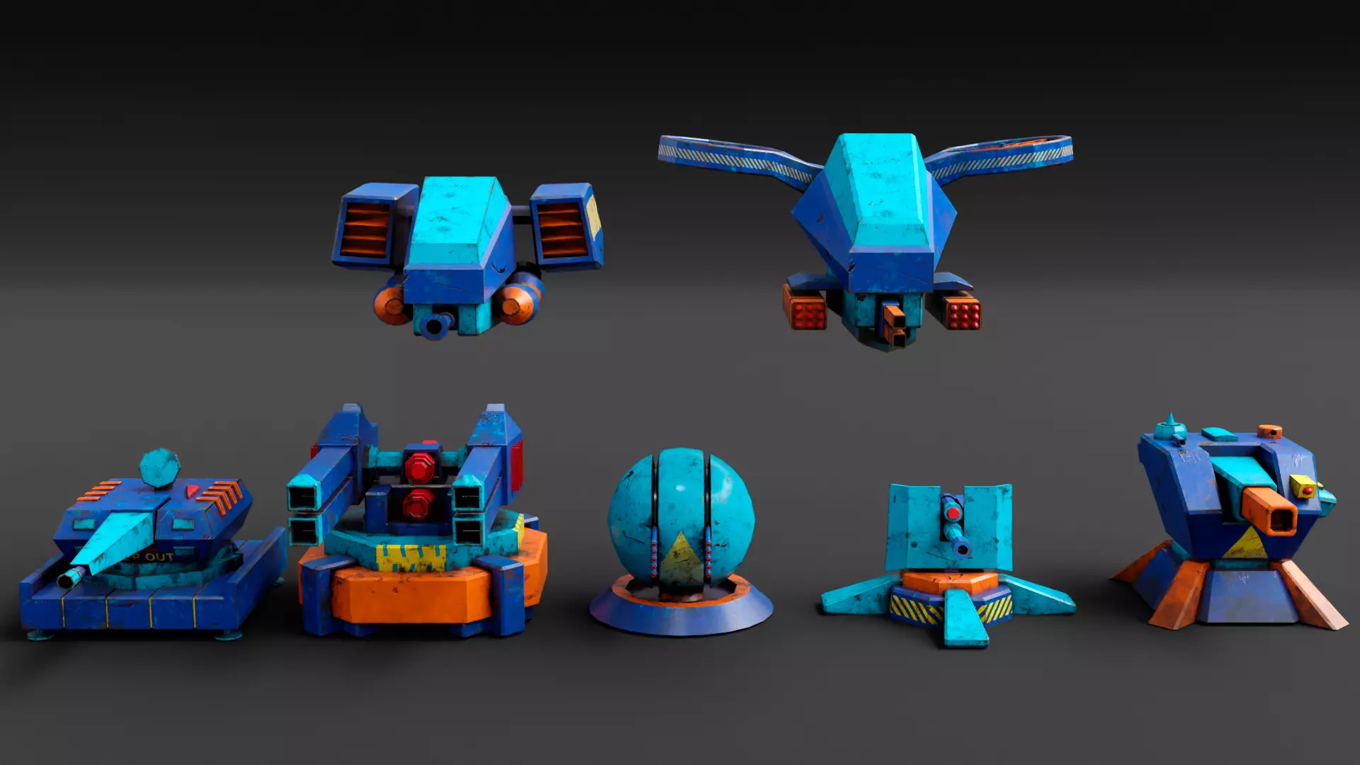 Stylized turret and jet Low-poly 3D model_0