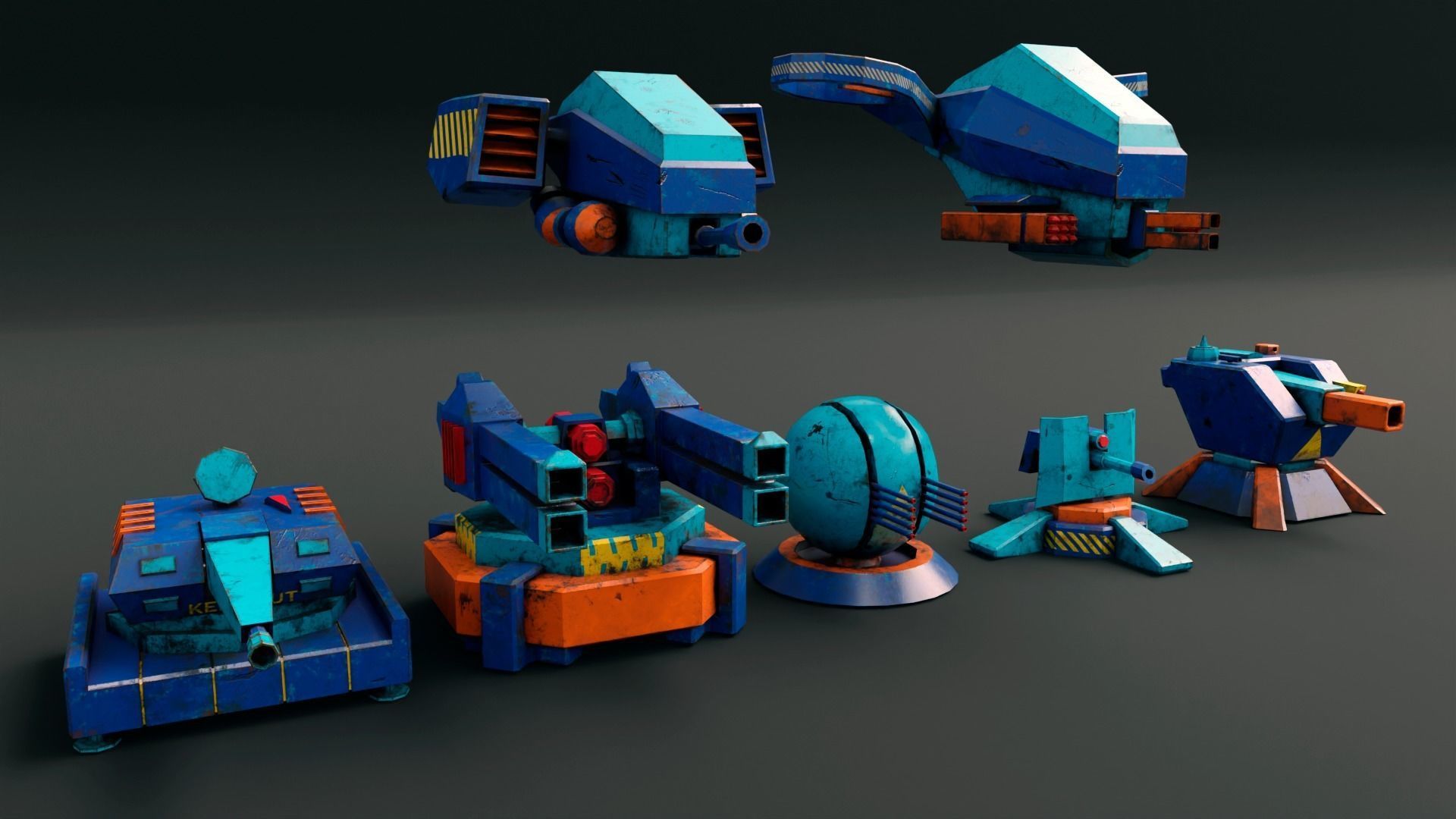 Stylized turret and jet Low-poly 3D model_1
