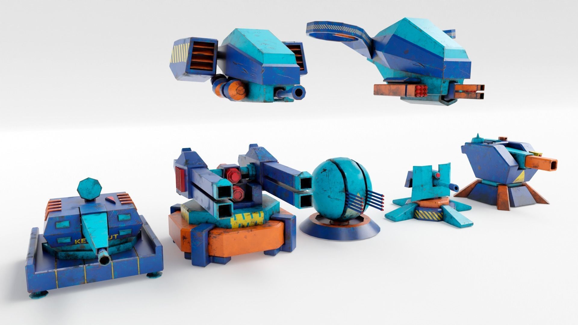 Stylized turret and jet Low-poly 3D model_3