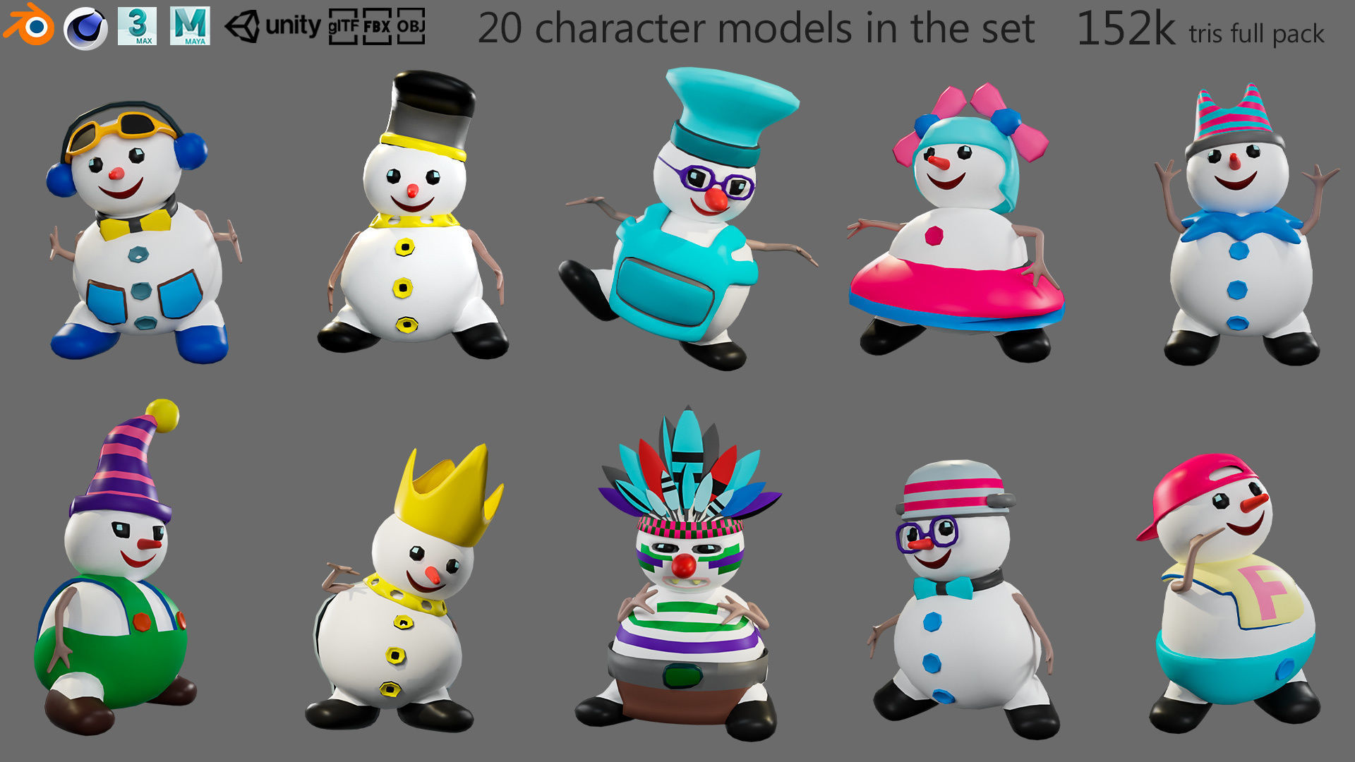 Low poly character set-funny snowmen Low-poly 3D model_3