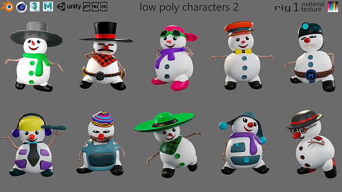 Low poly character set-funny snowmen Low-poly 3D model