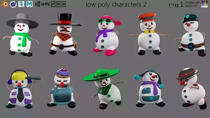 Low poly character set-funny snowmen Low-poly 3D model