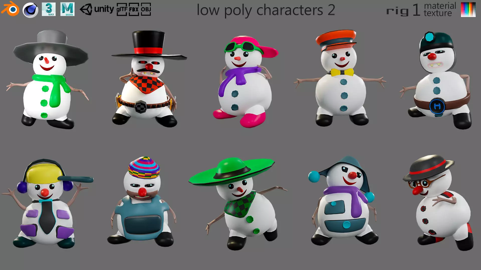 Low poly character set-funny snowmen Low-poly 3D model_0