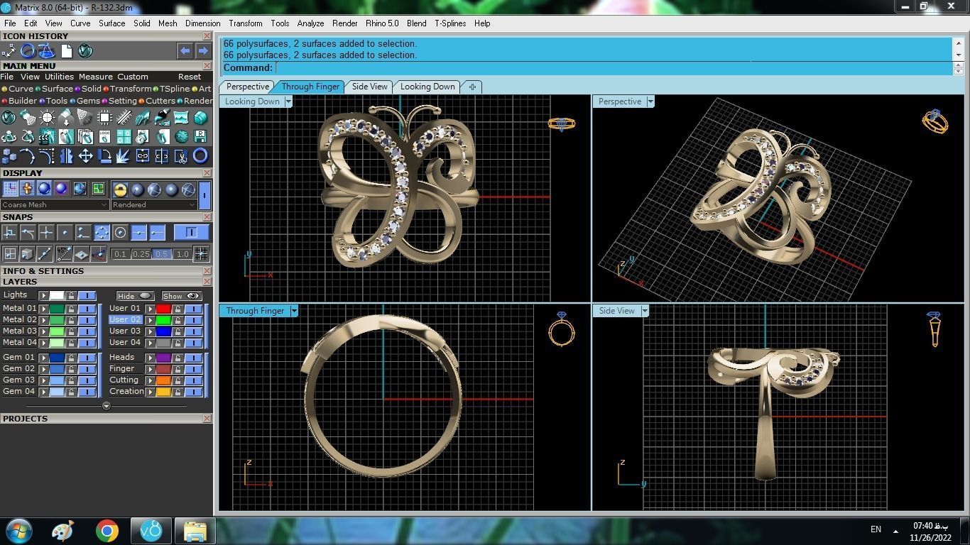 Butterfly Set ring gold with diamonds 3D print model_14