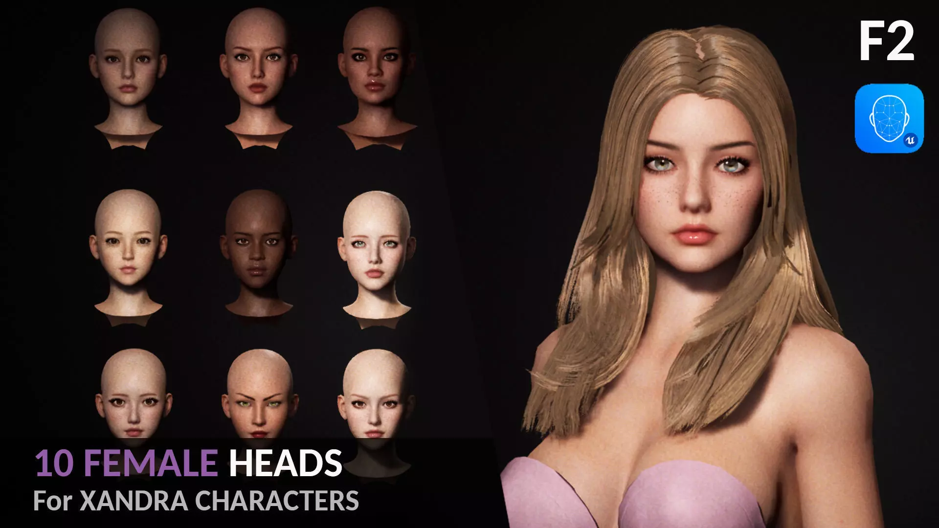 10 FEMALE HEADS PACK - Rigged with ARKit shapes Low-poly 3D model