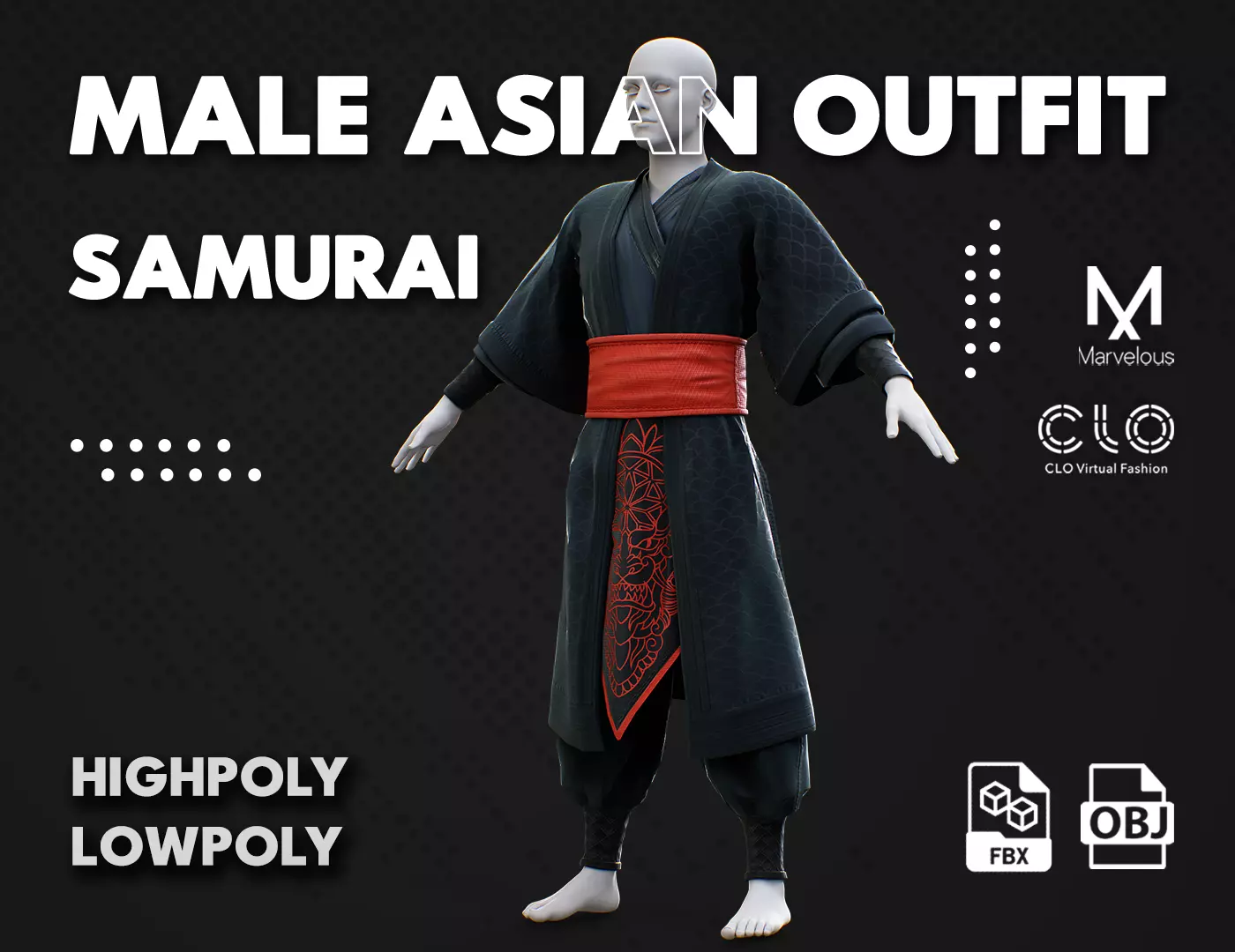 Low Poly Asian Man Outfit Marvelous Designer Low-poly 3D model