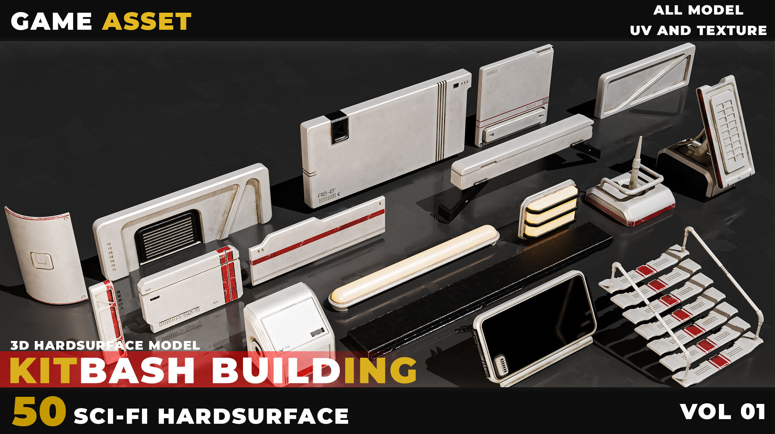 50 Kitbash Sci-Fi Building Hardsurface Vol 01 Low-poly 3D model_5