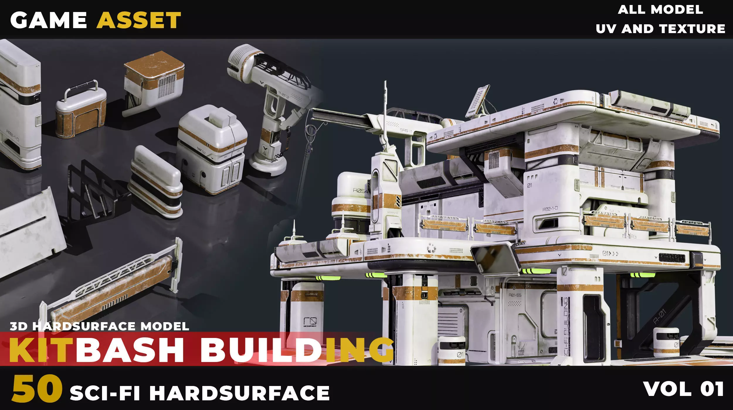50 Kitbash Sci-Fi Building Hardsurface Vol 01 Low-poly 3D model_0