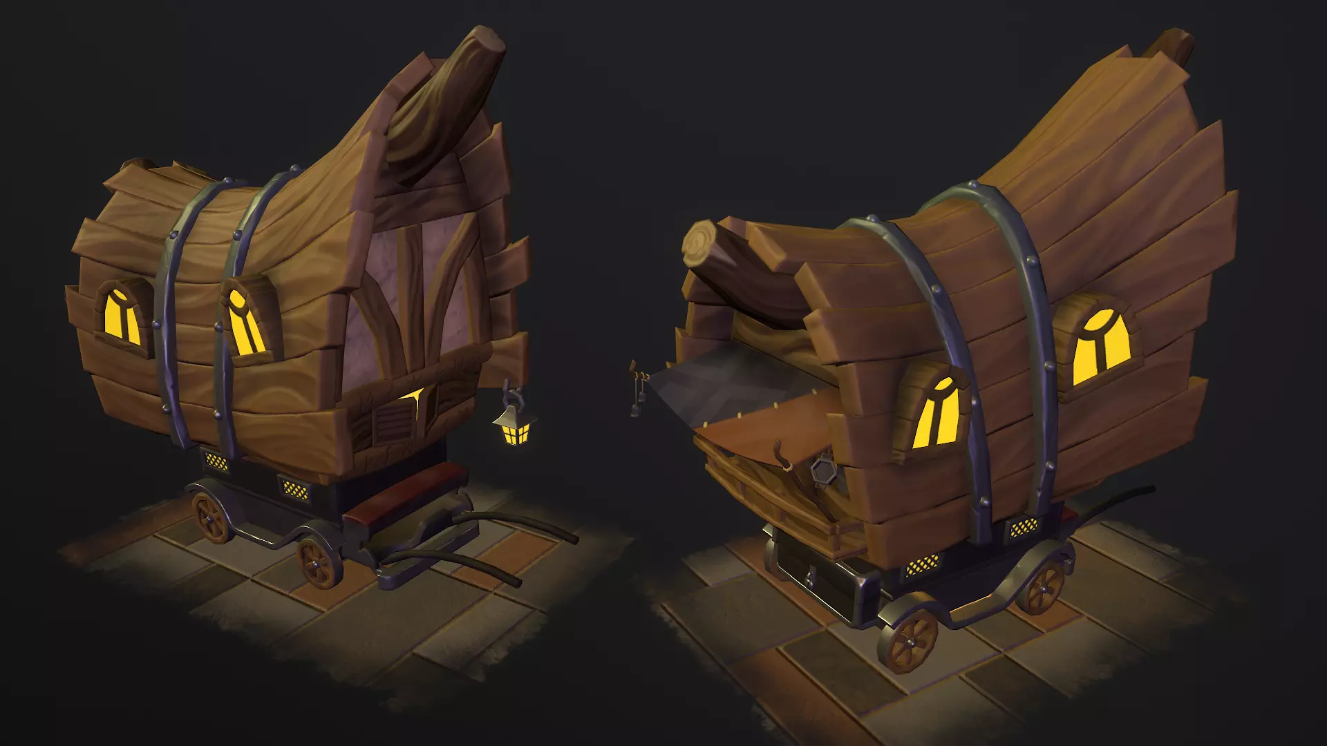 Stylized wagon Low-poly 3D model_0