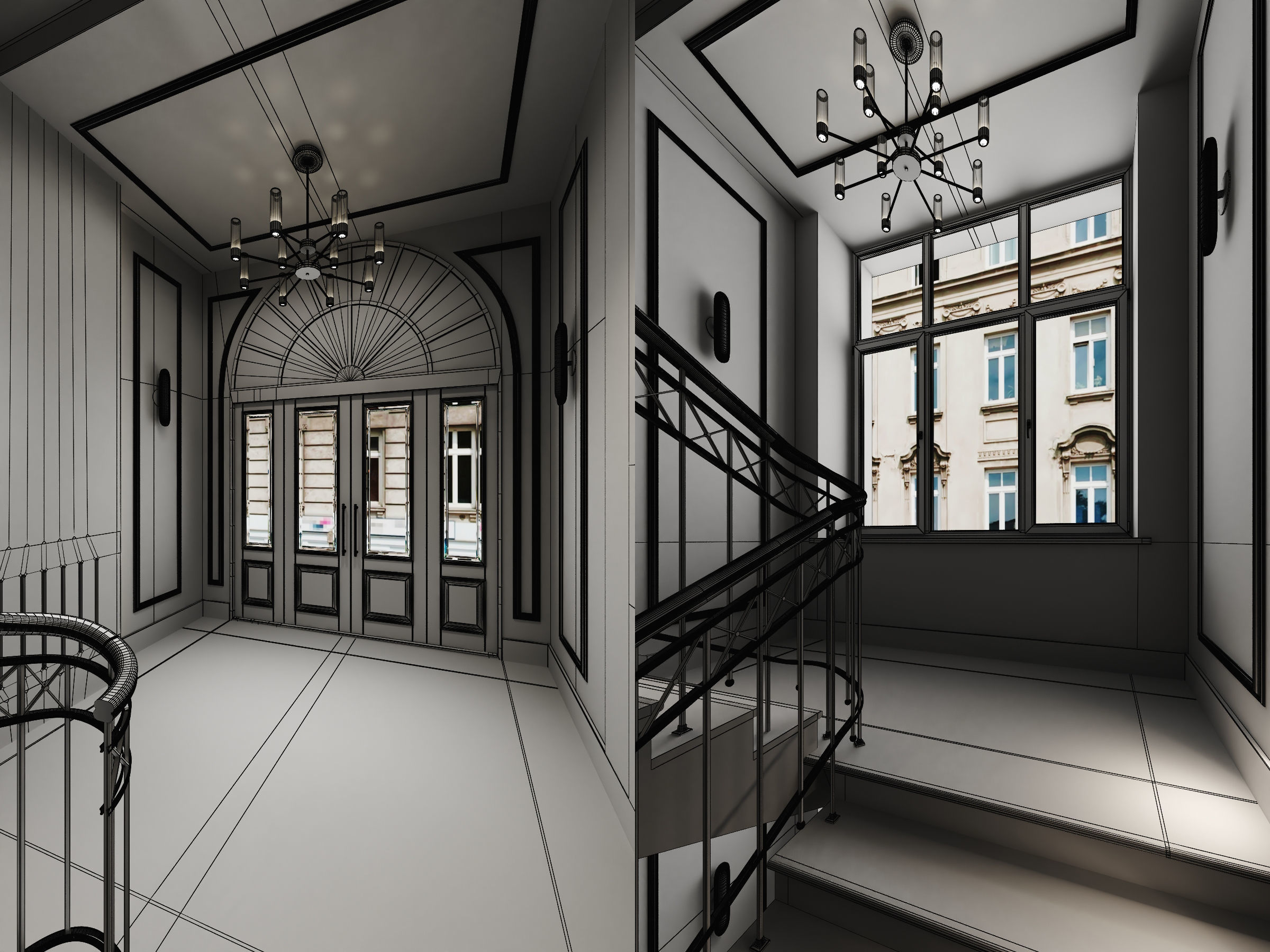 Beautiful entrance group and stairs in an apartment building 3D model_7