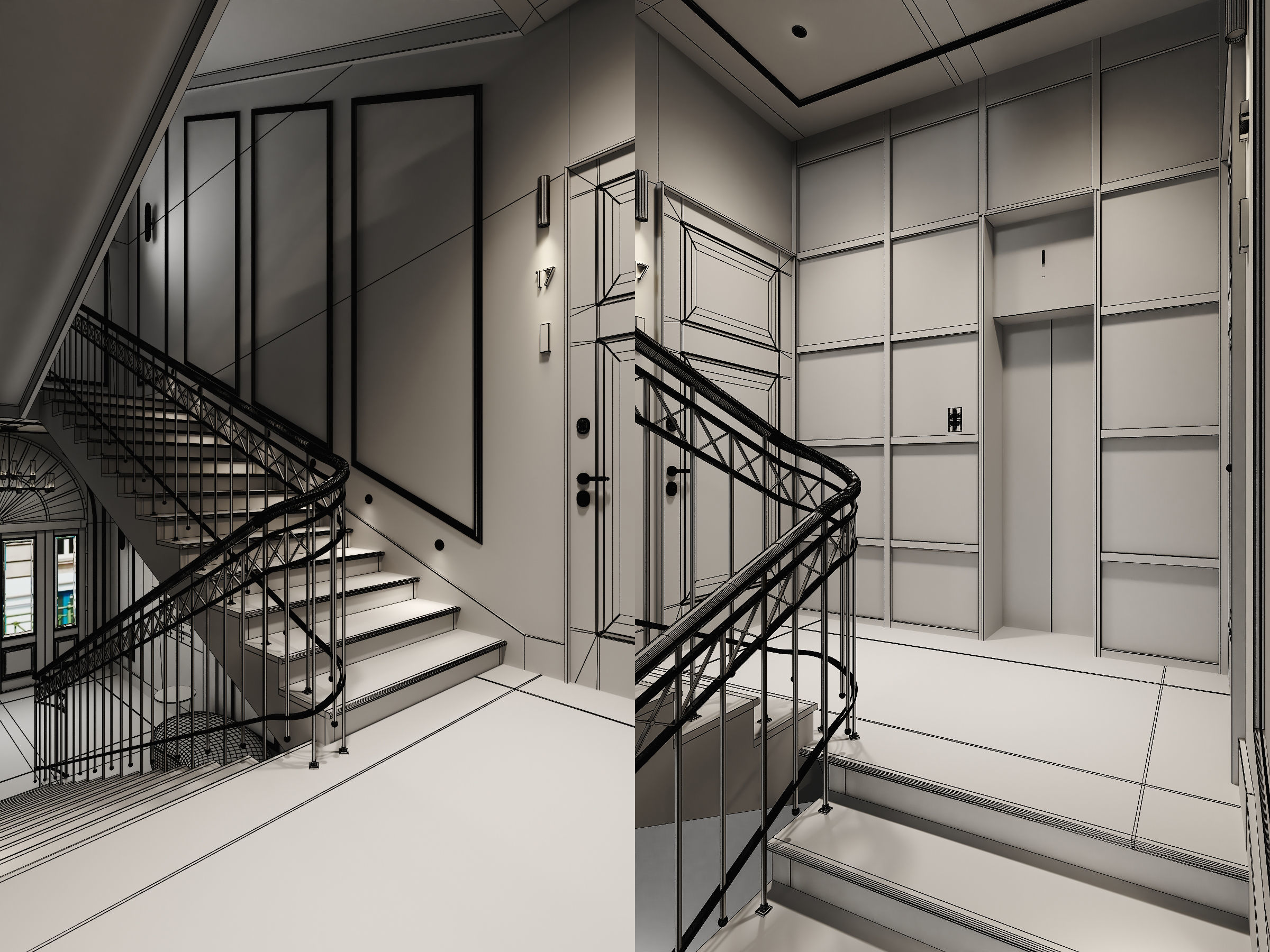 Beautiful entrance group and stairs in an apartment building 3D model_6