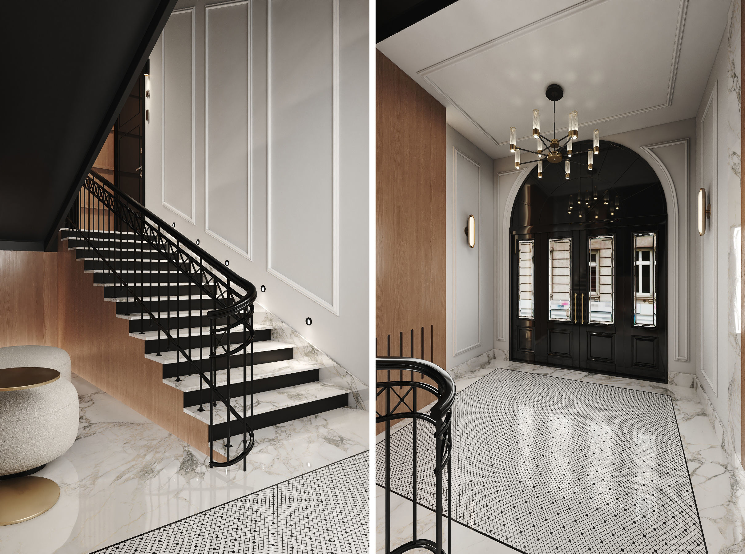 Beautiful entrance group and stairs in an apartment building 3D model_1