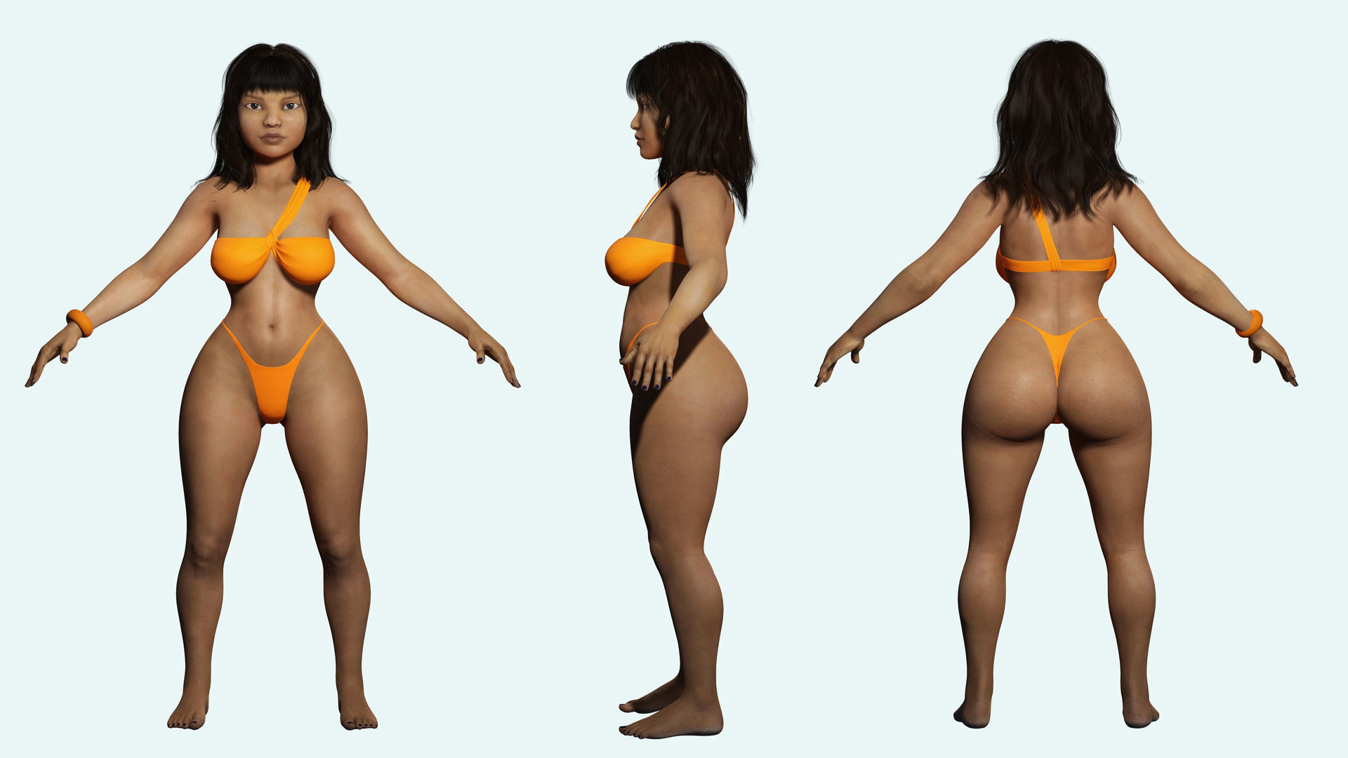 Curvy Brown Girl Naked and clothed Low-poly 3D model_4