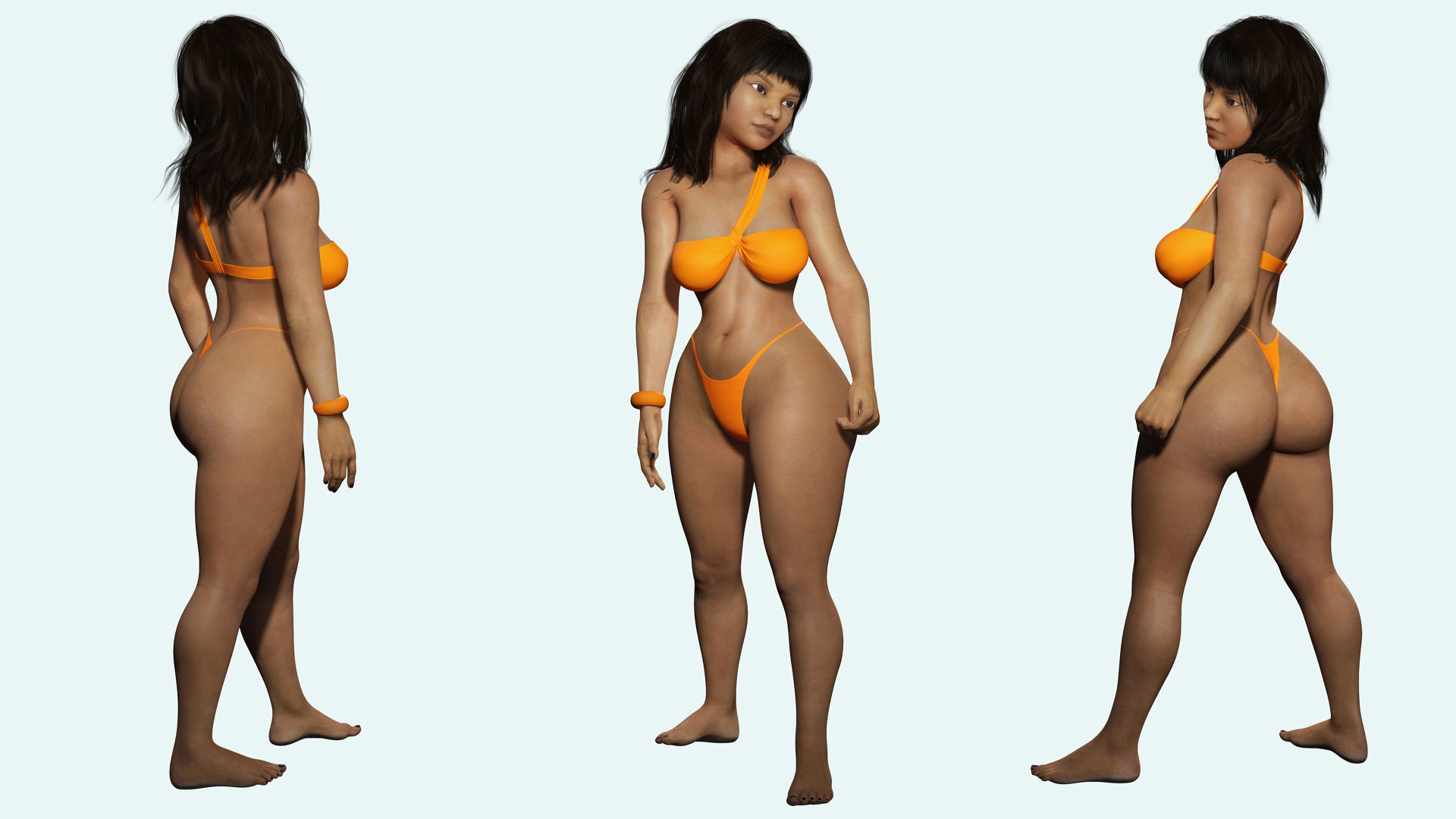 Curvy Brown Girl Naked and clothed Low-poly 3D model_3