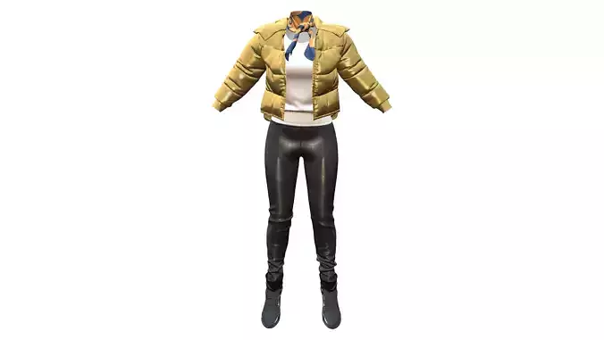 Metallic Padded Jacket Top Pants Boots Neck Tie Outfit