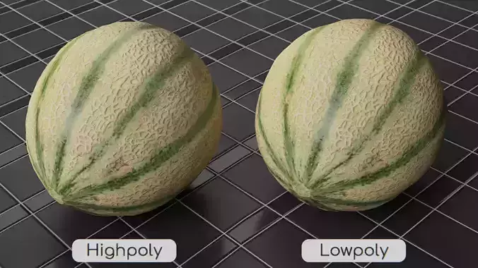 Cantaloupe melon - Highpoly and Lowpoly model Low-poly 3D model