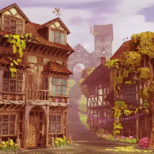 Stylized Medieval Town low-poly 3D scene Low-poly 3D model