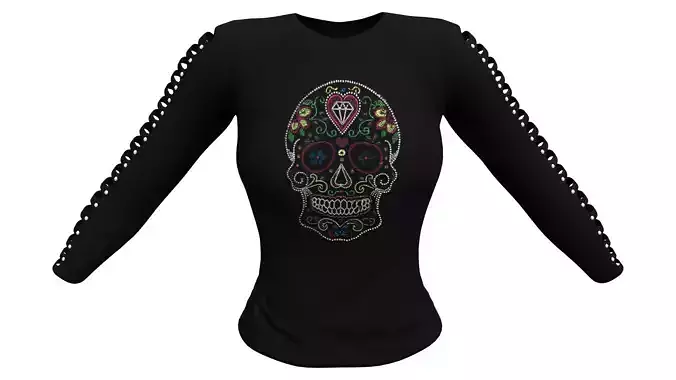 T-shirt With Ripped Cut Out Long Sleeves And Rhinestones