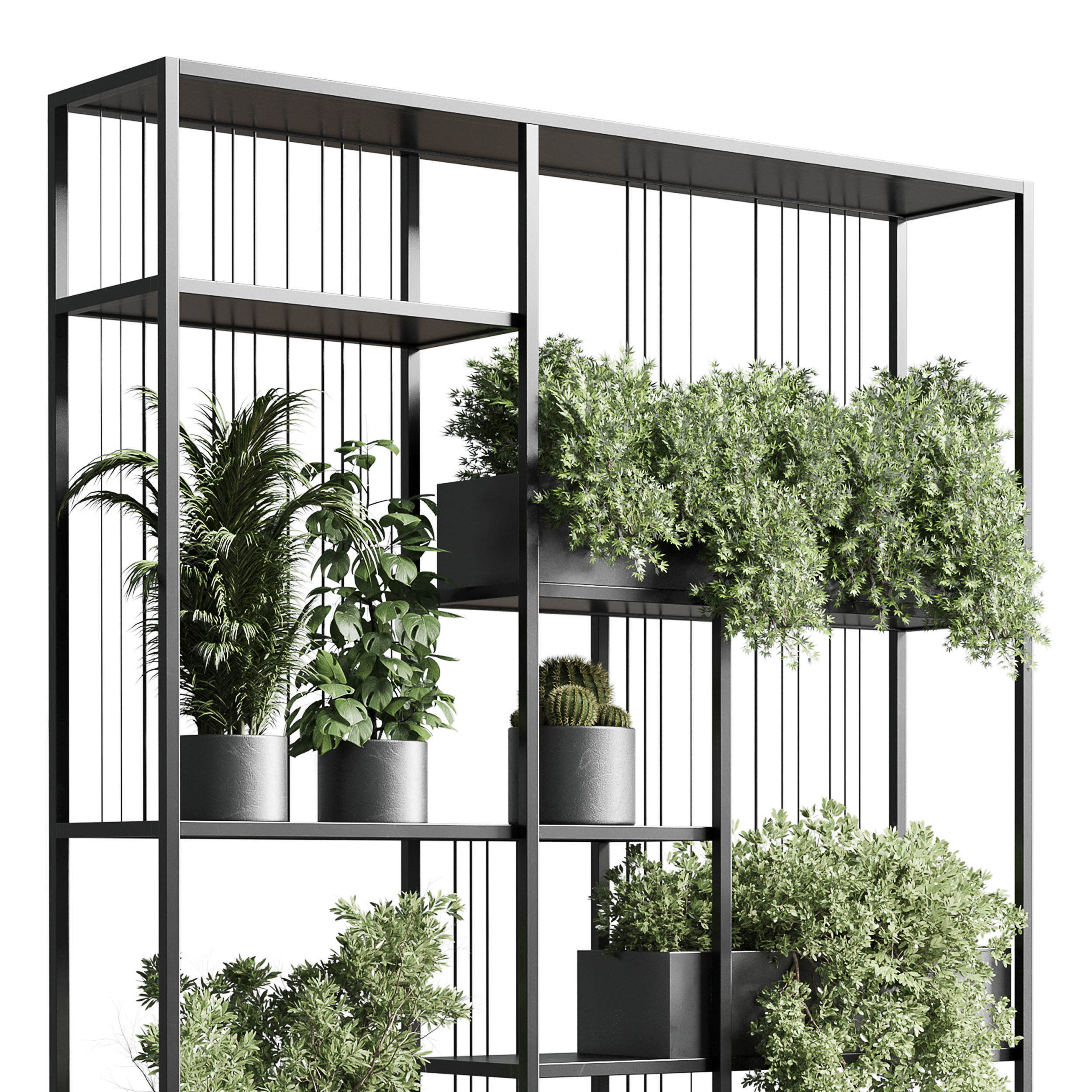 Standing metal shelf with a set of plants metal boxes 325 Low-poly 3D model_2