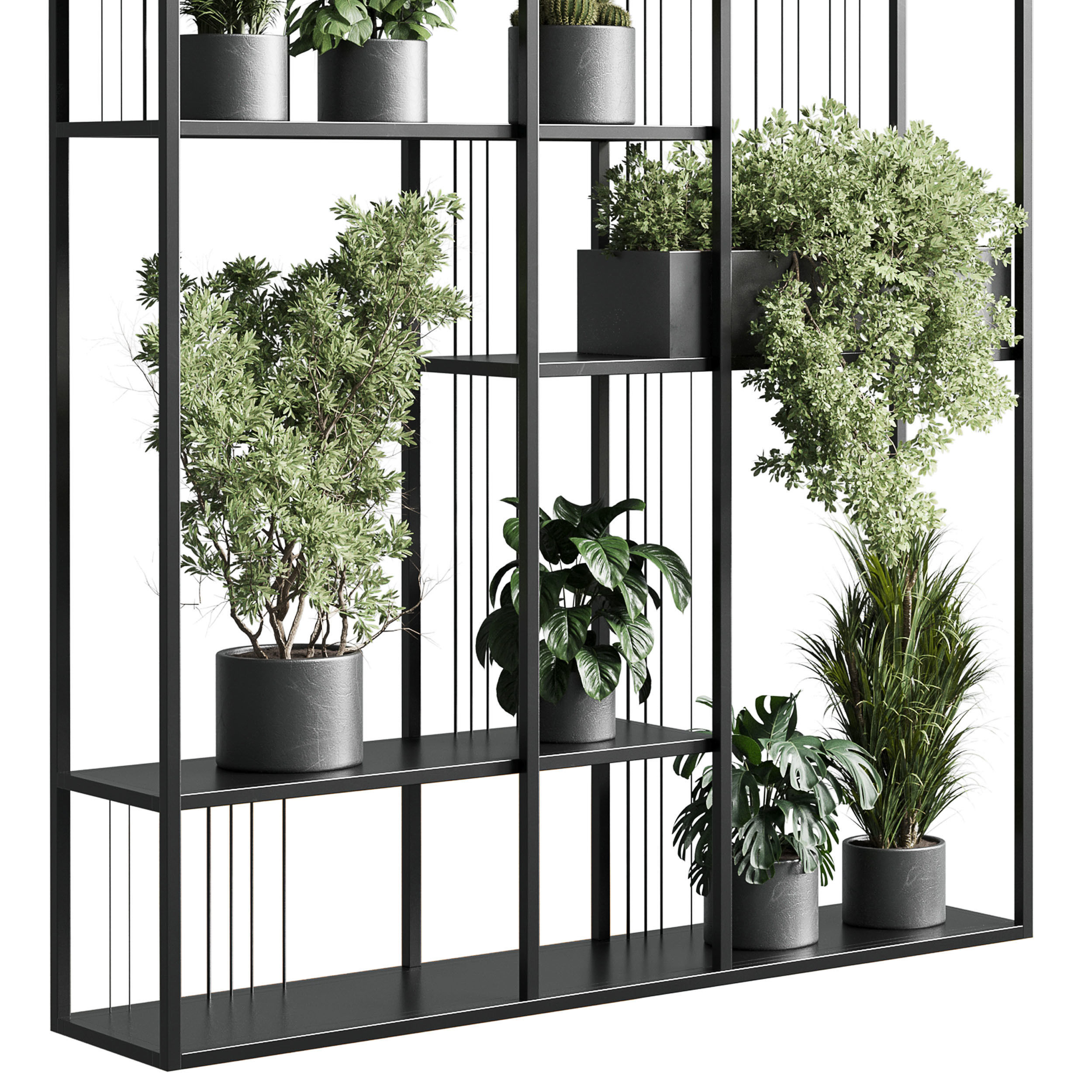 Standing metal shelf with a set of plants metal boxes 325 Low-poly 3D model_3