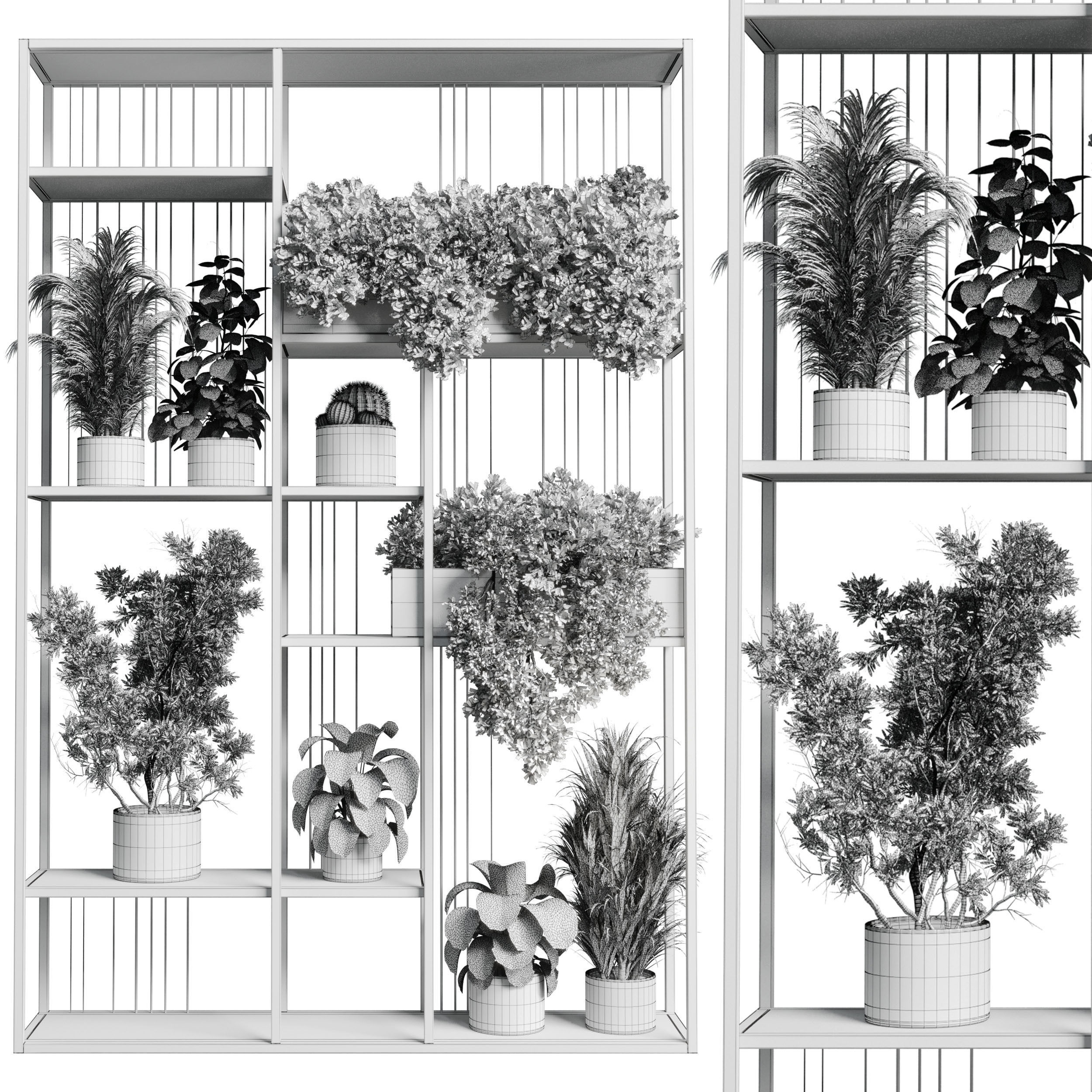 Standing metal shelf with a set of plants metal boxes 325 Low-poly 3D model_4