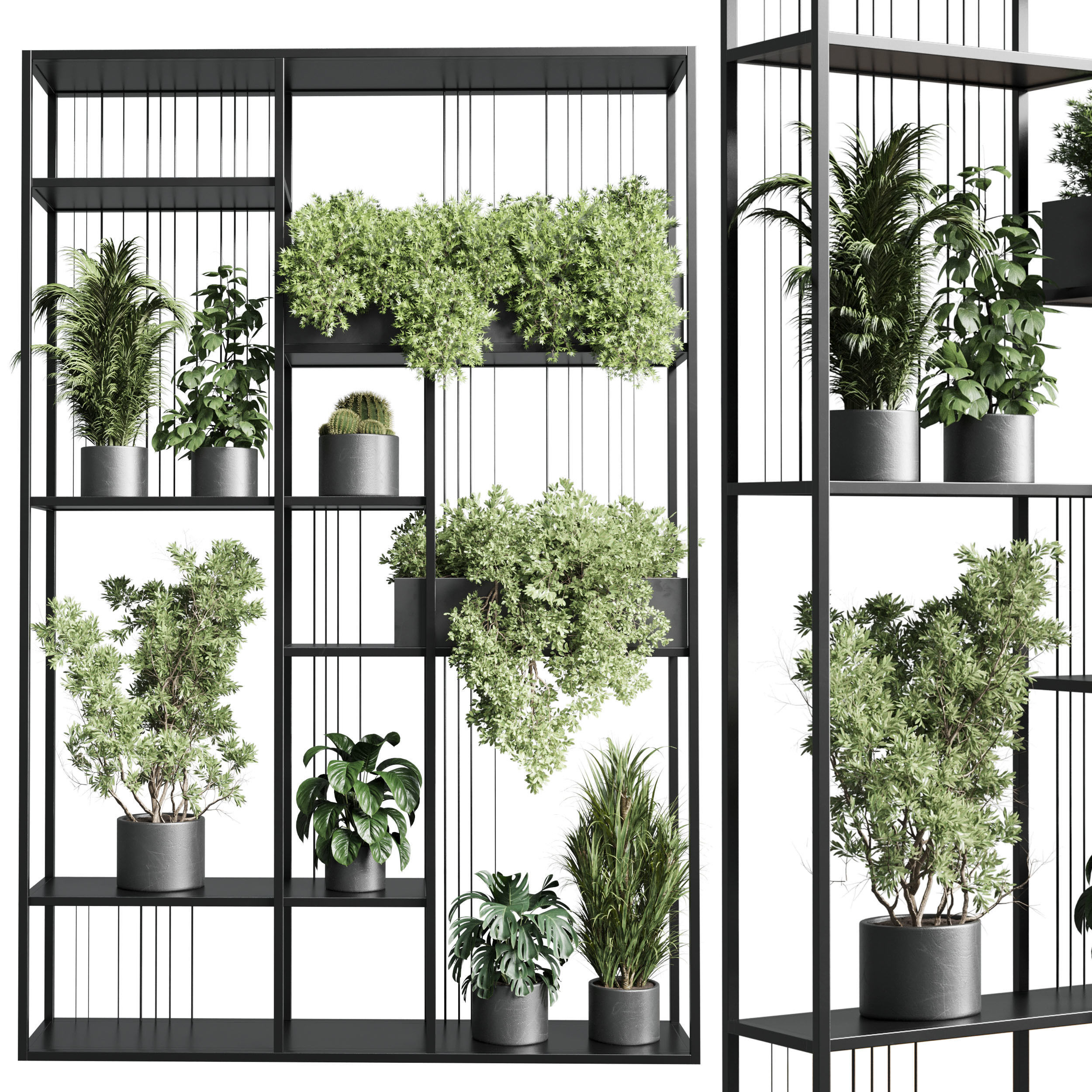 Standing metal shelf with a set of plants metal boxes 325 Low-poly 3D model_1