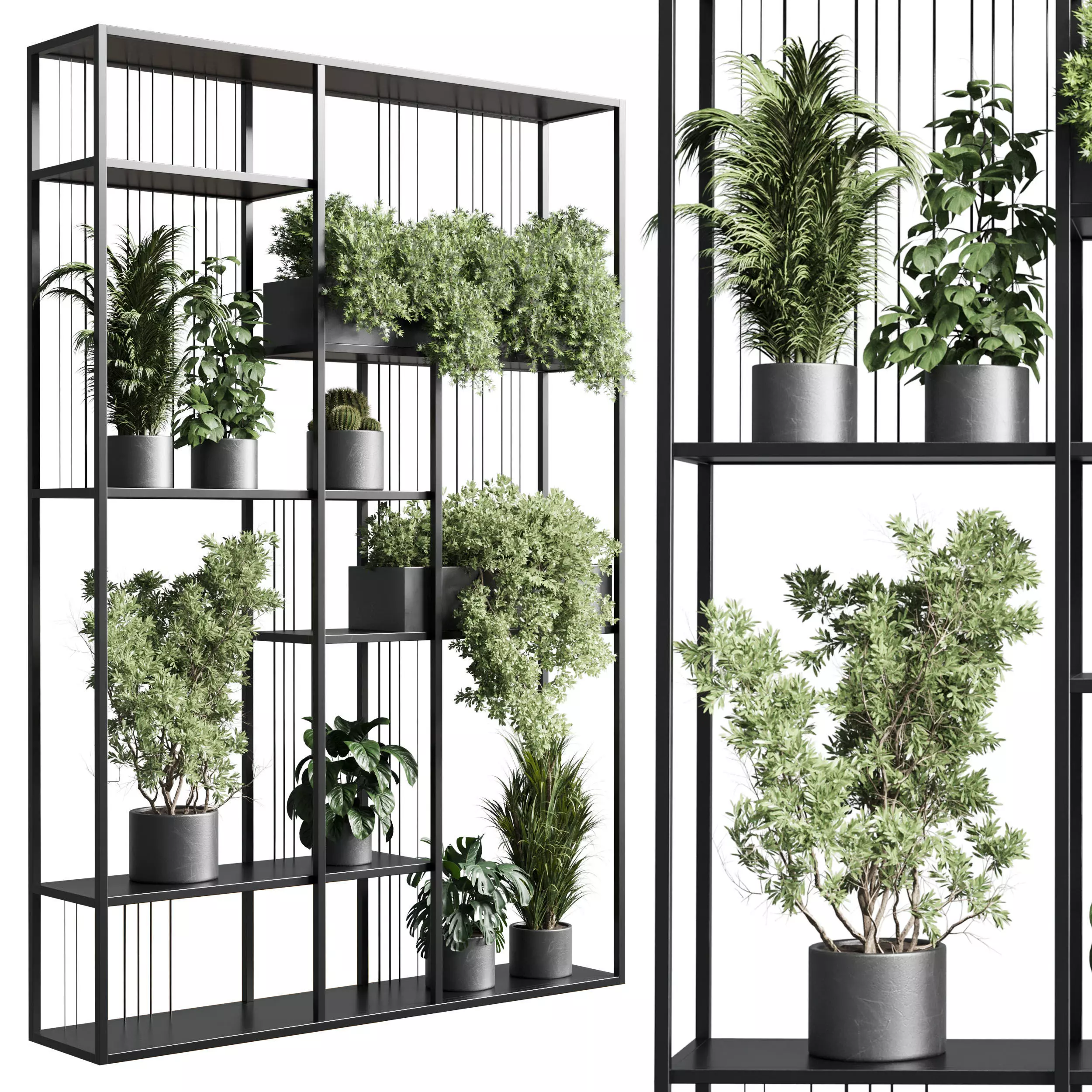 Standing metal shelf with a set of plants metal boxes 325 Low-poly 3D model_0