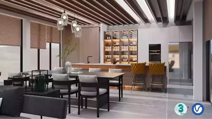 Contemporary Living and Kitchen 3ds max Scene 
