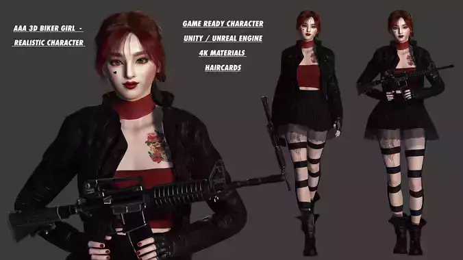 3D AAA Realistic Female Character - Biker Girl Red Hair