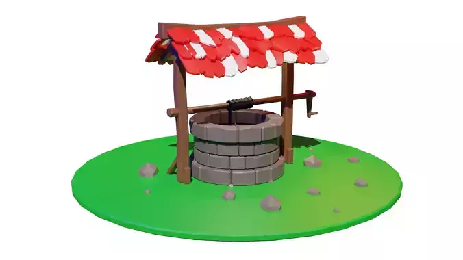 Low Poly Well Model water with roof Low-poly 3D model