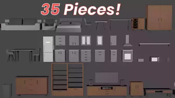 Low Poly Furniture Pack 35 pieces Textured Free low-poly 3D model