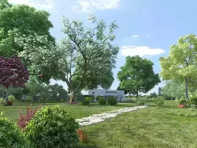 Realistic Flowers Collection garden with trees and grass