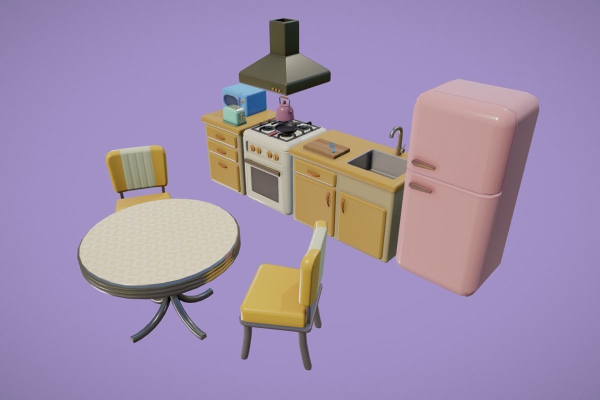 Cute Kitchen Set Low-poly 3D model_1