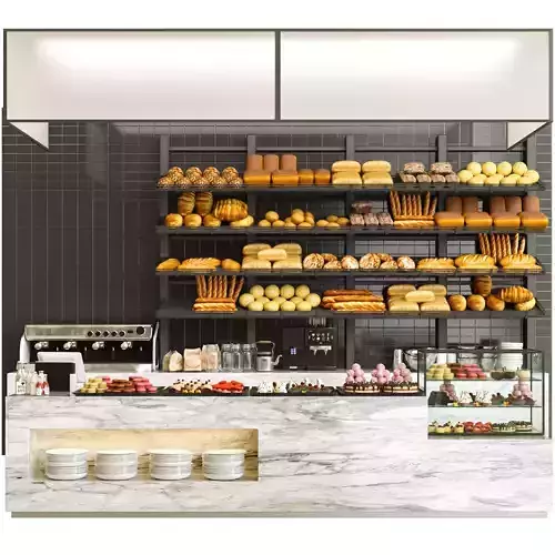 Cafe with a showcase with sweets and bread