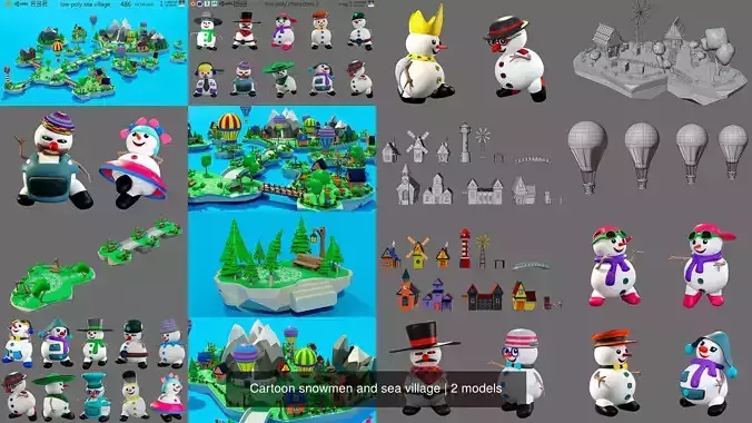 Cartoon snowmen and sea village 3D Model Collection