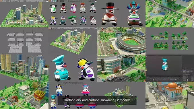 Cartoon city and cartoon snowmen 3D Model Collection