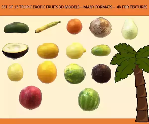 15 Tropical Exotic Fruits - 3D Models with PBR Textures