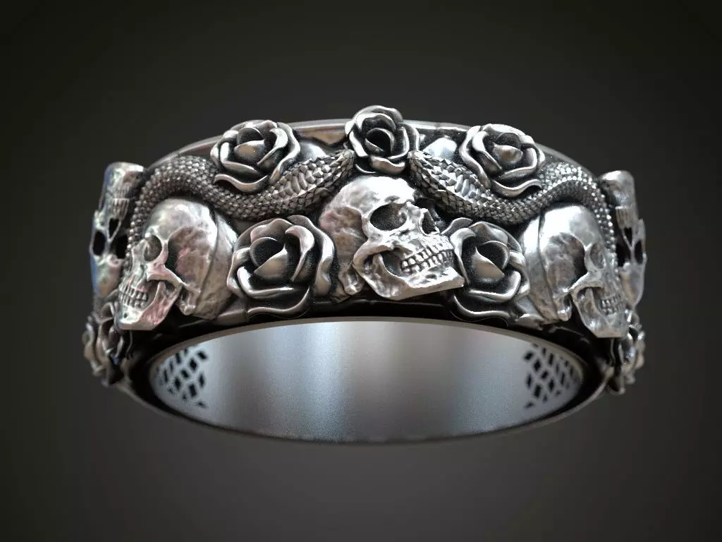 Ring skulls roses viper serpent snake 3D print model