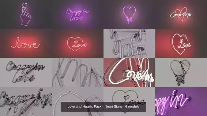 Love and Hearts Pack - Neon Signs 3D Model Collection