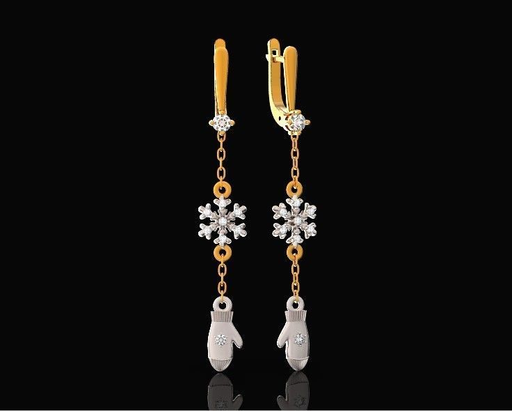 Dangling snowflake earrings with mittens 675 3D print model_16