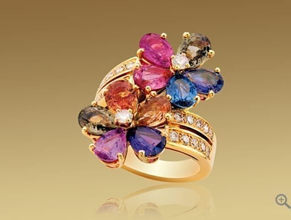 YD176 gold flower ring with sapphires and diamonds 3D print model