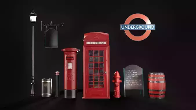 British Style Street Asset Pack Low-poly 3D model