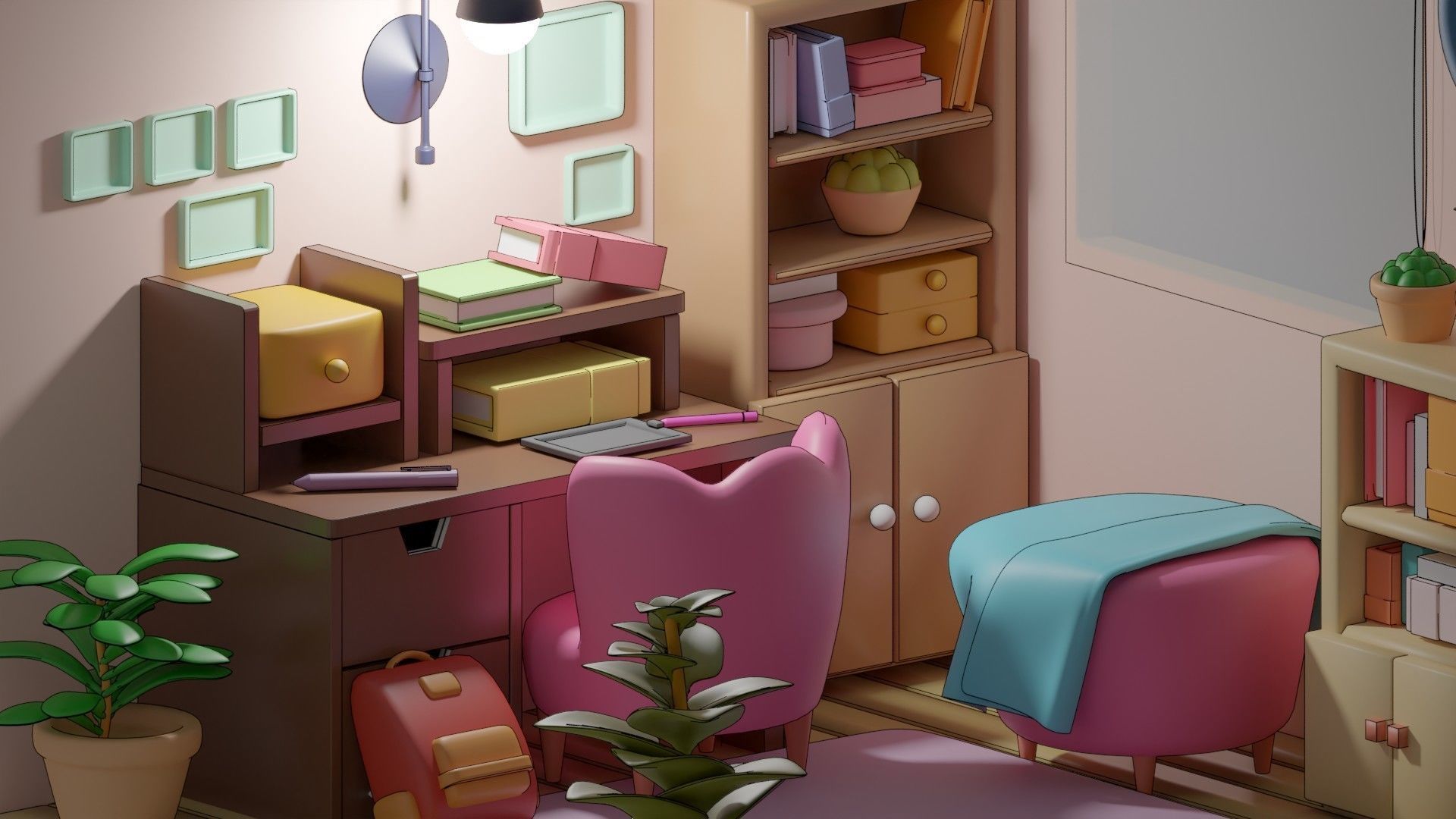 Cartonic style Study Room- Freestyle Low-poly 3D model_1