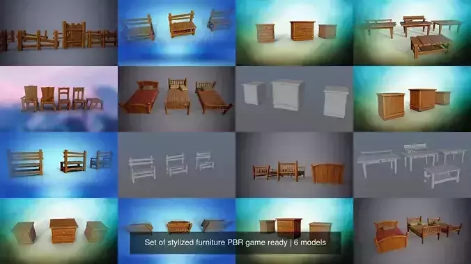 Set of stylized furniture PBR game ready 3D Model Collection