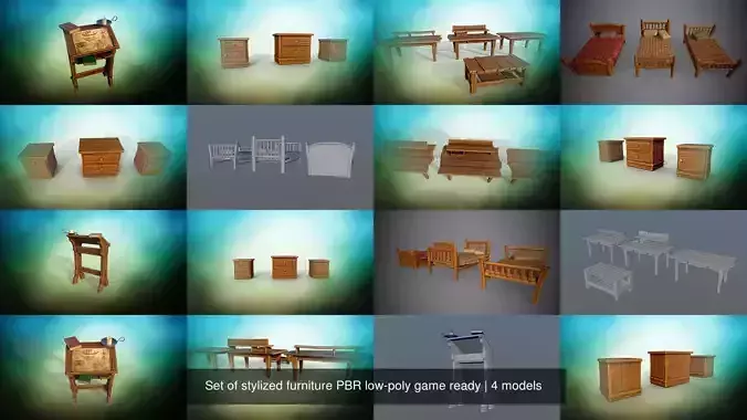 Set of stylized furniture PBR low-poly game ready 3D Model Collection